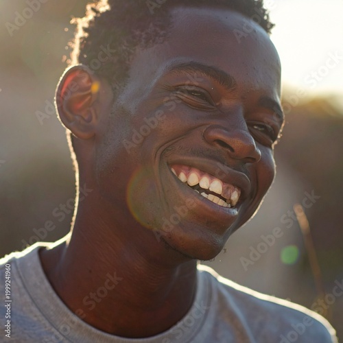 close up image of a young black boy laughing as sunlight hits his face,  soft golden  