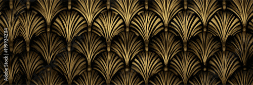 Golden fan shapes forming a repeating decorative Art Deco pattern against a dark background. Art Deco golden fan pattern elegant background