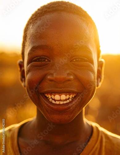close up image of a young black boy laughing as sunlight hits his face,  soft golden  