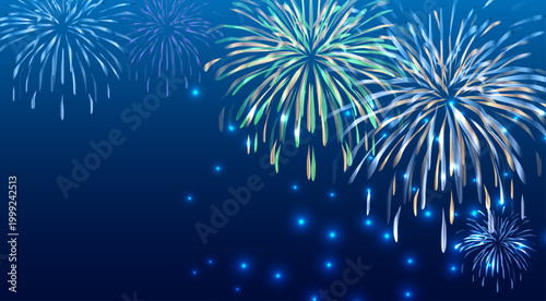夜空に華やかに広がる色とりどりの花火が幻想的に輝く夏の風物詩イラスト、祝祭やイベントを彩る美しい打ち上げ花火の背景素材