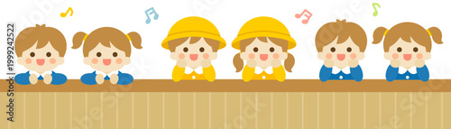 Happy kids leaning on table in kindergarten uniforms vector illustration