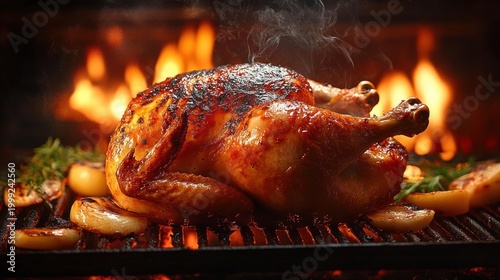whole roasted chicken on a hot grill with golden charred skin, steam rising, surrounded by roasted onions, garlic and herbs against glowing flames, evoking a cozy mouthwatering aroma