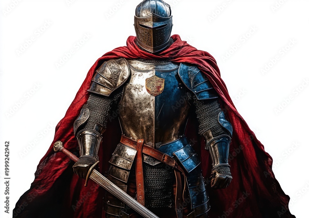 Fototapeta premium Stoic armored knight in gleaming steel plate and chainmail wearing a flowing red cape and closed-visor helmet, gripping a long sword with a heraldic crest on the chest, heroic and imposing