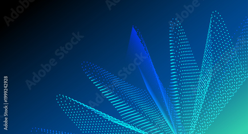 青から緑へグラデーションする粒子ドットが立体的に広がる未来的データビジュアライゼーション背景、テクノロジーイメージ素材