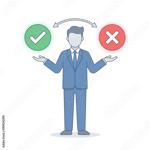 a flat vector illustration of a business professional making a decision between two options