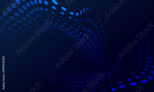 深いネイビーブルーに浮かぶドットが渦を描く神秘的な抽象空間背景、奥行きと動きを感じるモダンデザイン素材