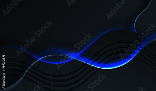 ブラック背景にネオンブルーの光が波打つ未来的な抽象ラインデザイン、ハイコントラストで高級感のあるデジタルアート
