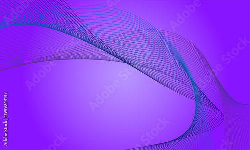 未来的な紫グラデーション背景に幾何学的な曲線ラインが交差するデジタル抽象デザイン、テクノロジーと流動性を感じさせる滑らかな波形アート