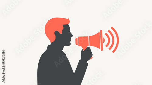 Man Speaking into a Megaphone Loudly.