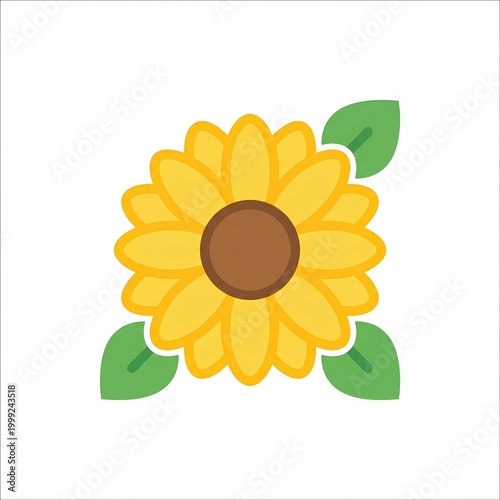 Beautiful minimalist flat icon of large yellow sunflower with green leaves
