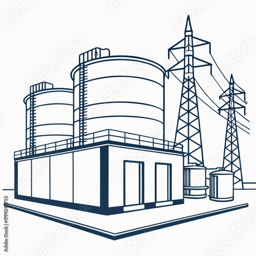 industrial facility with cylindrical tanks and power lines line drawing