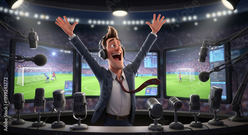 Cartoonish sports commentator in a broadcast booth, enthusiastically celebrating a goal, surrounded by microphones and screens, soft lighting, cinematic style.