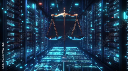golden balance scales centered in a glowing futuristic server room with neon blue data racks and a solemn high-tech atmosphere