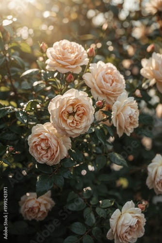 Blooming Roses with Soft Light and Natural Garden Background