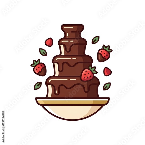 Flat vector icon of elegant chocolate fountain flowing with strawberries around