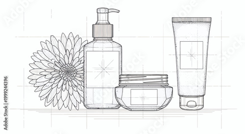 Elegant line art drawing of beauty and skincare product containers with a flower, showcasing a minimalist cosmetic branding concept
