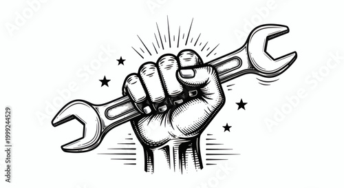 Powerful clenched fist holding a sturdy wrench in a dynamic vintage illustration, symbolizing strength, mechanical work, and industrial repair
