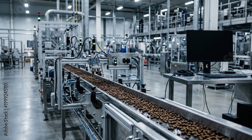 Pet food kibbles move on automated conveyor belt inside modern factory. Industrial production line processes dry animal nourishment at clean plant. Fa