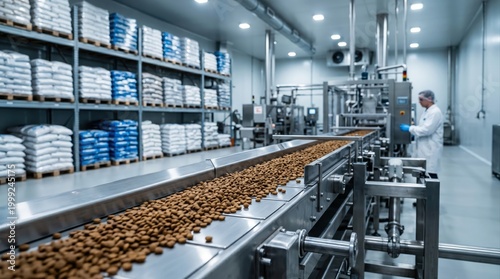 Pet food kibbles move on automated conveyor belt inside modern factory. Industrial production line processes dry animal nourishment at clean plant. Fa