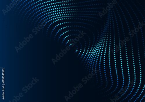 ディープブルーの空間に光るドットが渦状に広がるクールで洗練されたテクノロジー系抽象背景デザイン