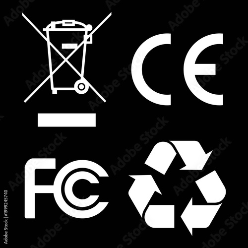 WEEE CE FCC Recycle Packaging Icons White on Black Set