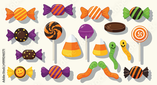 A colorful assortment of Halloween candies and sweets