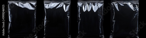 Four glossy resealable plastic bags standing against a black background with reflective highlights and wrinkles, minimal sterile and industrial mood