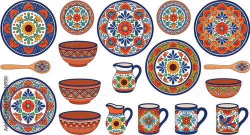 Talavera Style Kitchenware Vector – Plates, Bowls, Mugs and Wooden Utensils Flat Illustration