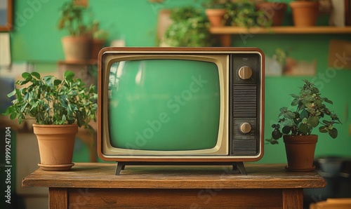 nostalgic vintage television with blank green screen on wooden table flanked by potted plants in a cozy green interior
