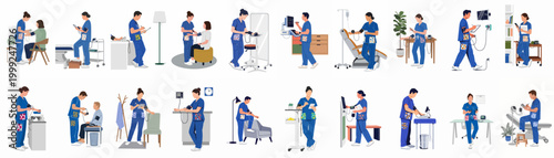 Collection of medical professional illustrations showing healthcare staff in blue scrubs using blood pressure monitors and digital devices in clinic settings.