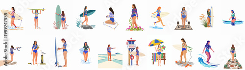 Collection of flat vector illustrations showing various young women surfers in floral swimwear and blue bottoms on different beach and ocean backgrounds.
