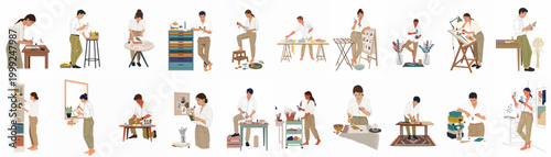 Flat vector illustration set of creative people practicing botanical art, floral crafts, flower pressing, and herbarium making in a minimalist workshop setting.