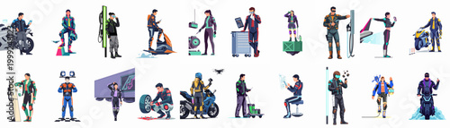 Set of futuristic characters in high-tech gear, featuring motorbikes, drones, and digital technology in a flat vector illustration style.
