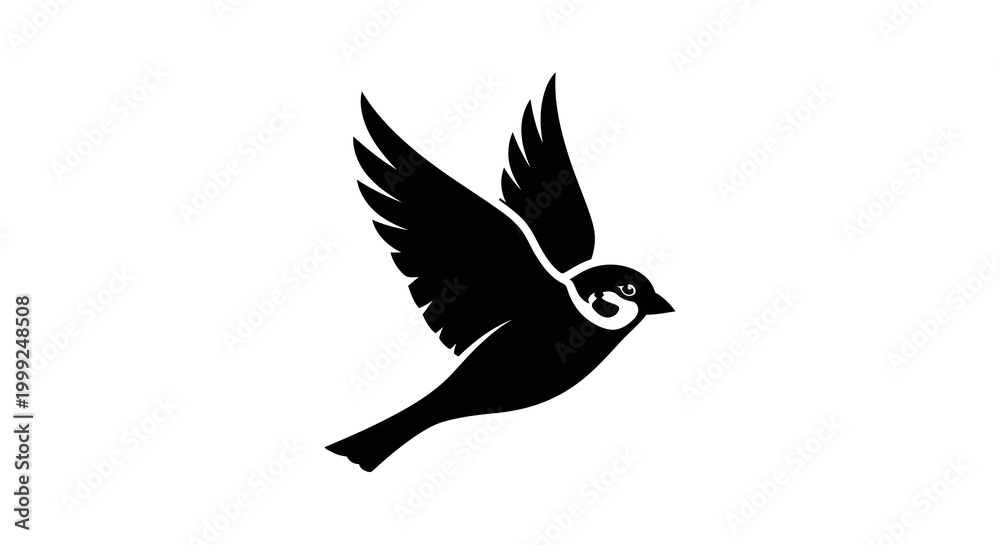 Fototapeta premium Silhouette of a sparrow in flight against a white background, freedom concept