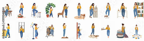 Large set of vector illustrations of a young woman in casual outfits, performing daily tasks like reading, drinking coffee, working, and relaxing.