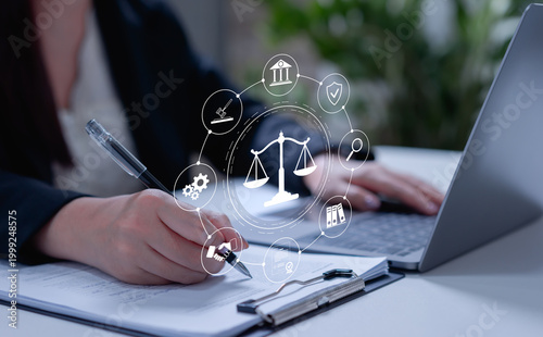 Businesswoman document check concept with justice and law, lawyer consultation, corporate legal management, compliance framework and business law strategy.