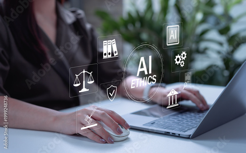 Cuadro en lienzo Businesswoman managing AI ethics and legal compliance, policy control and corporate agreements, risk warning, governance framework and responsible artificial intelligence concept