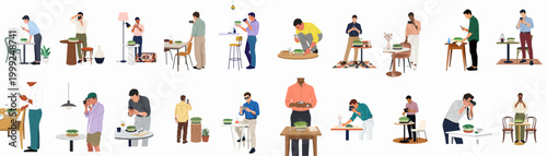 A collection of flat vector illustrations of diverse men taking photographs of healthy food with smartphones and professional cameras in various indoor settings.