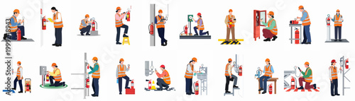 Schilderij op canvas Collection of diverse fire safety inspectors and technicians performing equipment maintenance, pressure checks, and safety compliance inspections on fire extinguishers