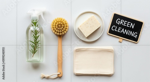 Green cleaning supplies with rosemary spray and wooden brush