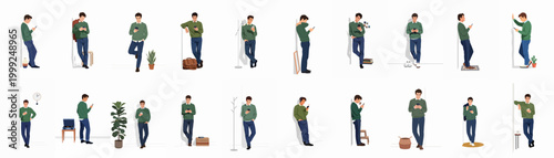 Vector illustration set featuring a young man in casual attire using his smartphone in multiple standing poses against a clean white background.