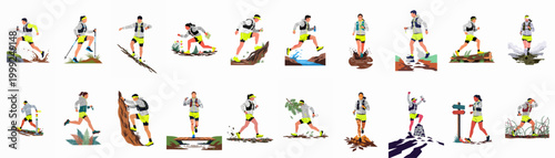 Collection of diverse trail running and ultramarathon vector illustrations featuring athletes navigating through different terrains, obstacles, and weather conditions in the outdoors.