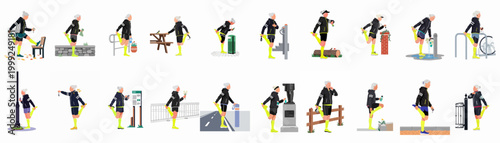 Collection of illustrations showing an active senior woman performing quad stretches in various outdoor urban and nature locations, emphasizing a healthy lifestyle for elderly.