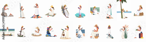 A collection of minimalist illustrations featuring a woman in a white dress and sun hat reading and writing in various serene coastal settings.