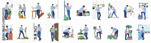 Illustrations of agricultural workers using smart technology and digital devices for plant management, irrigation control, and greenhouse automation in various settings.