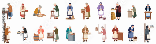 Collection of flat vector illustrations featuring elderly women in traditional attire preparing homemade dough, dumplings, and baked goods in rustic kitchen settings.