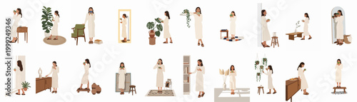 Minimalist set of lifestyle illustrations featuring a young woman in various daily activities at home, from drinking tea to caring for indoor plants.