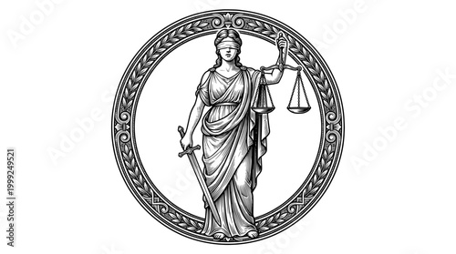Classic Lady Justice Engraving Style Logo Circle Frame Vector