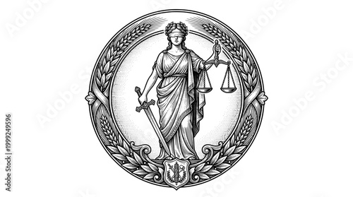 Classic Lady Justice Engraving Style Logo Circle Frame Vector