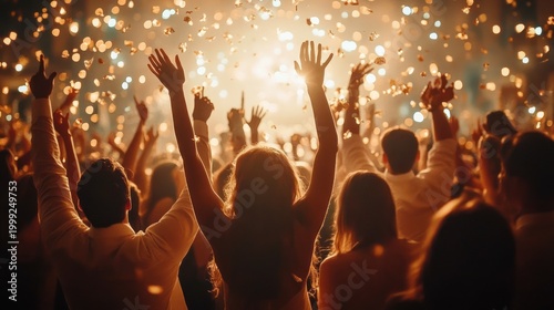 Backlit cheering crowd with raised hands and golden confetti under warm stage lights, joyful celebration and energetic atmosphere